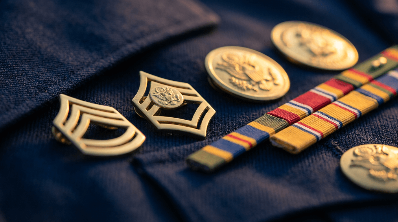Polished brass military insignia and ribbons on navy fabric with soft volumetric lighting and focus shift.